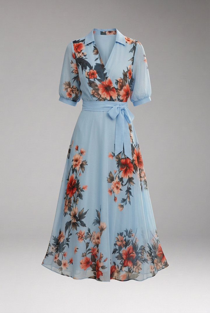 Women's Floral V-Neck Midi Dress with Comfortable Stretch Fabric