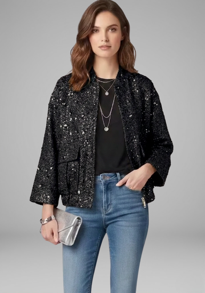 Women’s Gold Sequin Zip-Front Jacket with Stand Collar