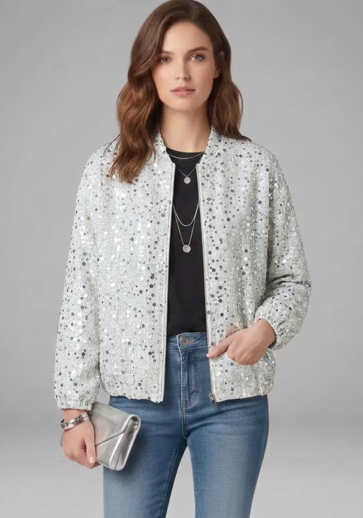 Women’s Gold Sequin Zip-Front Jacket with Stand Collar