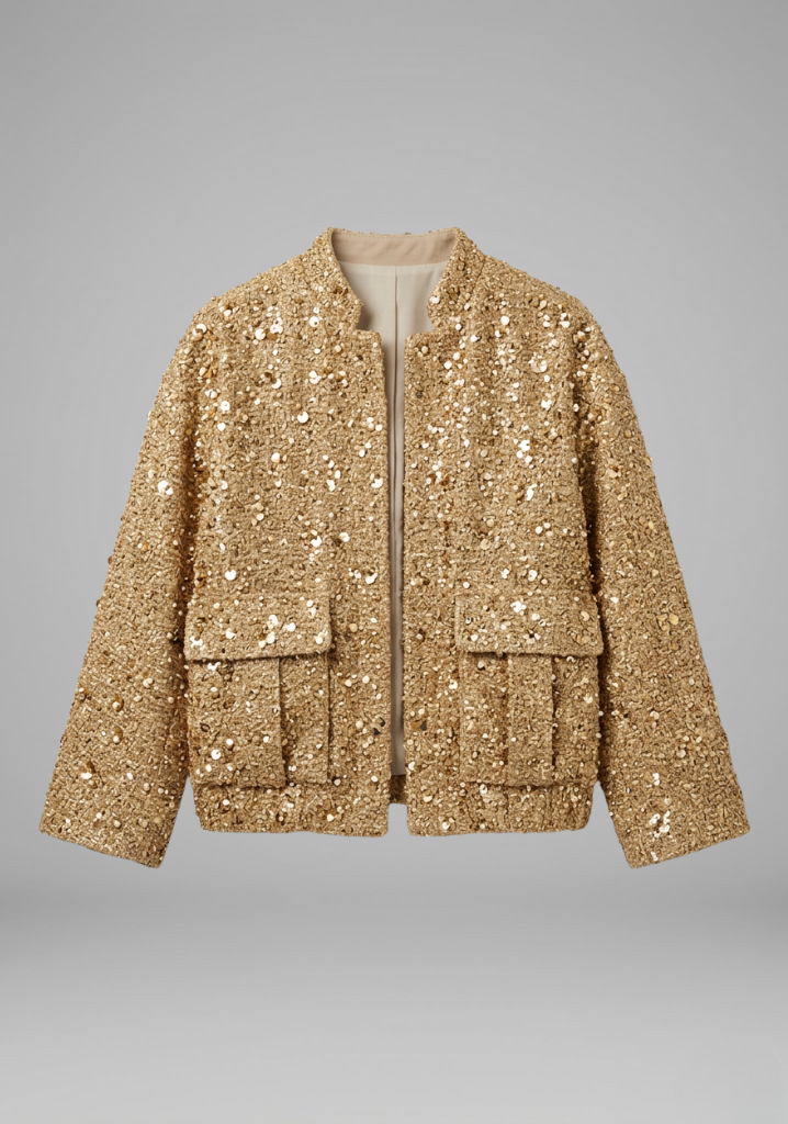 Women’s Gold Sequin Zip-Front Jacket with Stand Collar