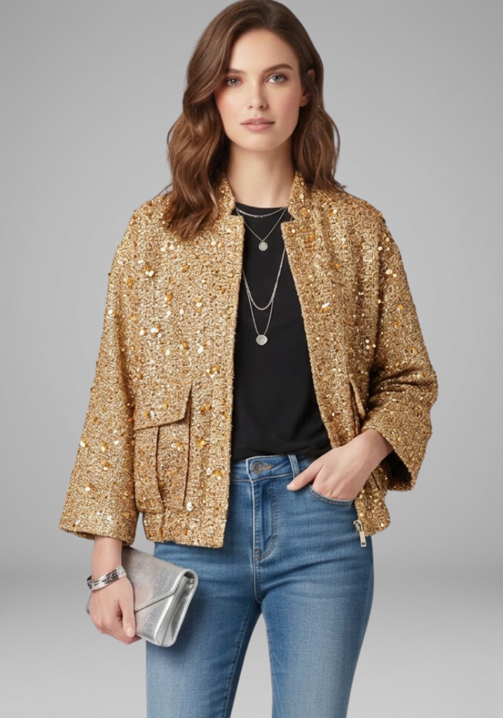 Women’s Gold Sequin Zip-Front Jacket with Stand Collar