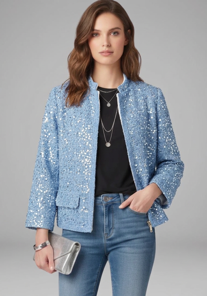 Women’s Gold Sequin Zip-Front Jacket with Stand Collar