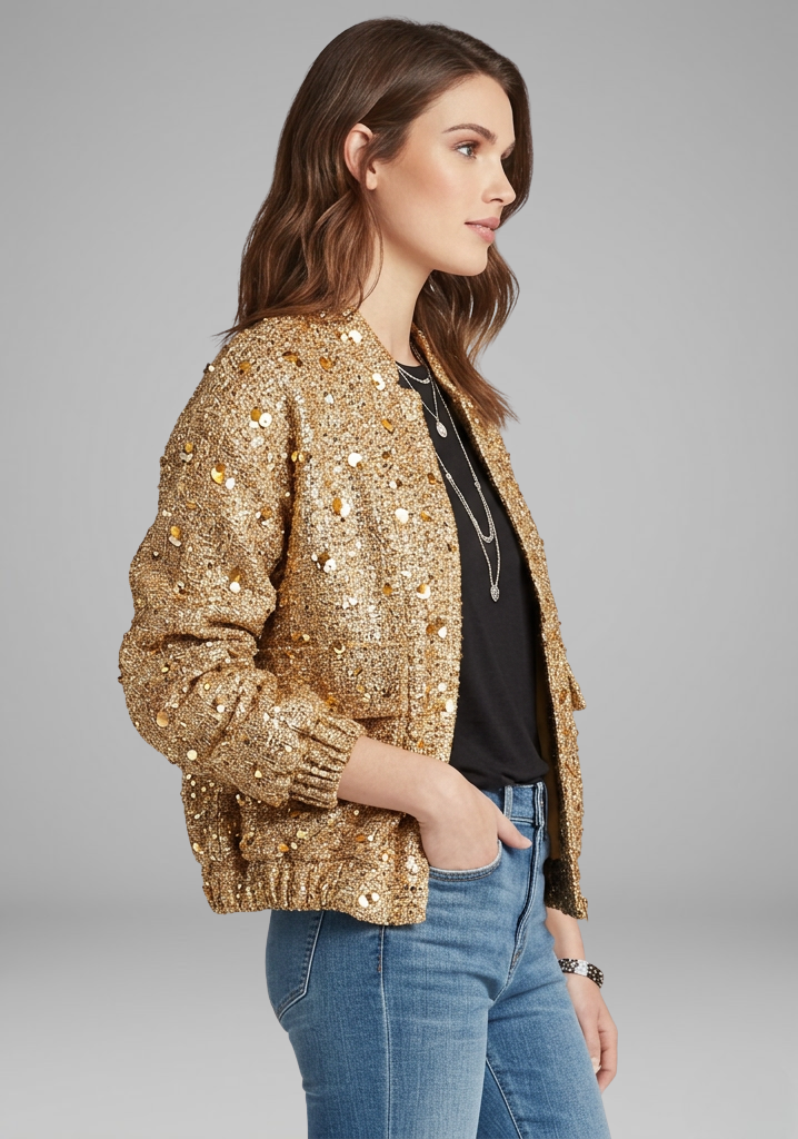 Women’s Gold Sequin Zip-Front Jacket with Stand Collar