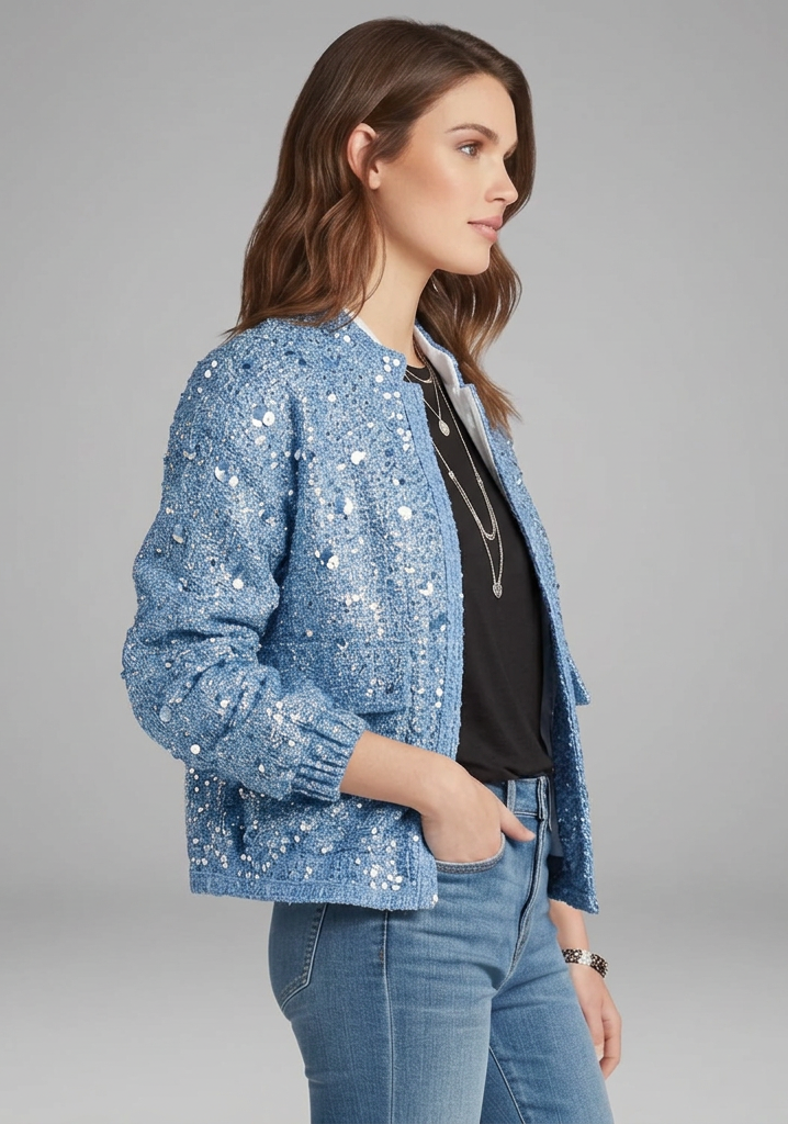 Women’s Gold Sequin Zip-Front Jacket with Stand Collar
