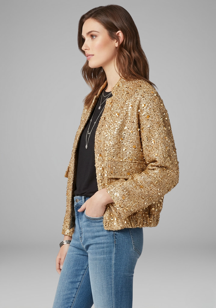 Women’s Gold Sequin Zip-Front Jacket with Stand Collar