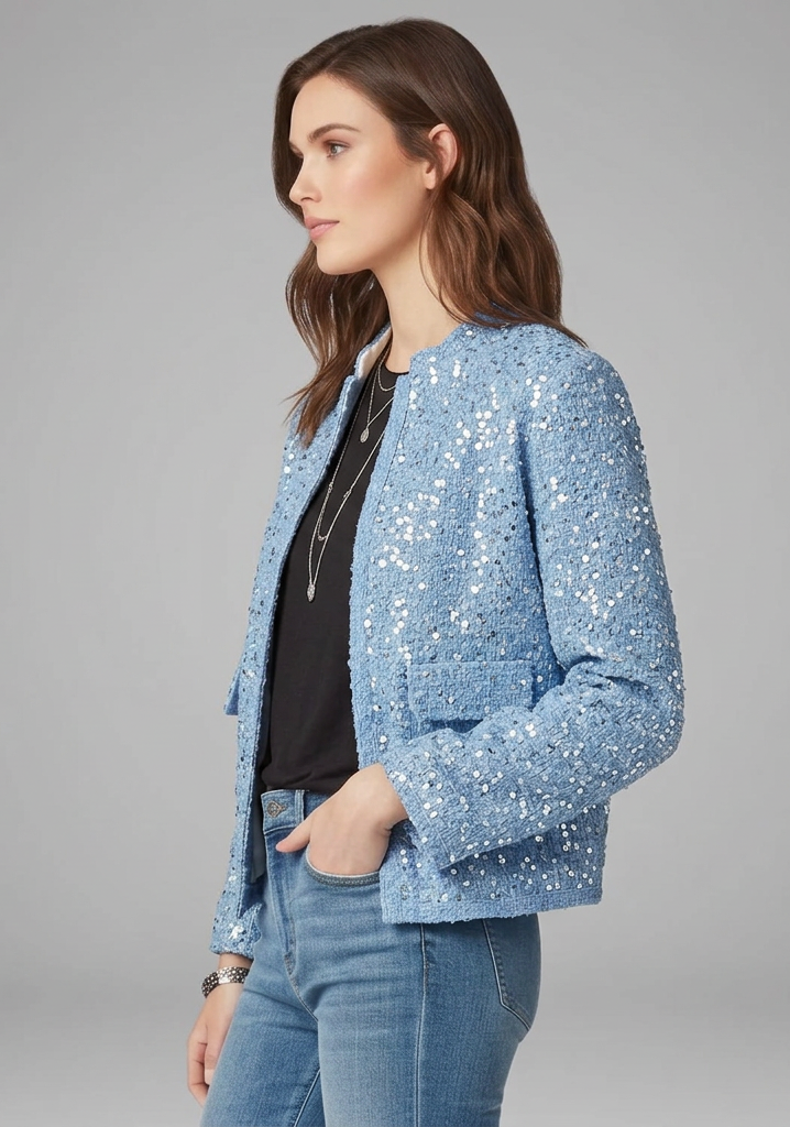Women’s Gold Sequin Zip-Front Jacket with Stand Collar