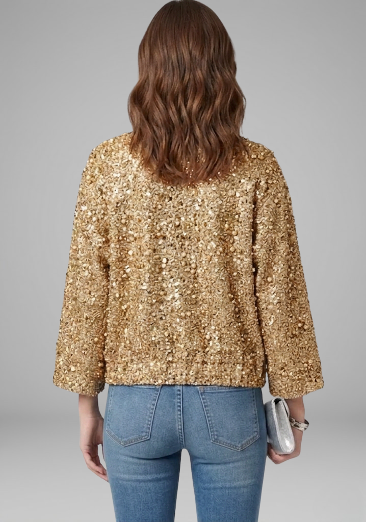 Women’s Gold Sequin Zip-Front Jacket with Stand Collar