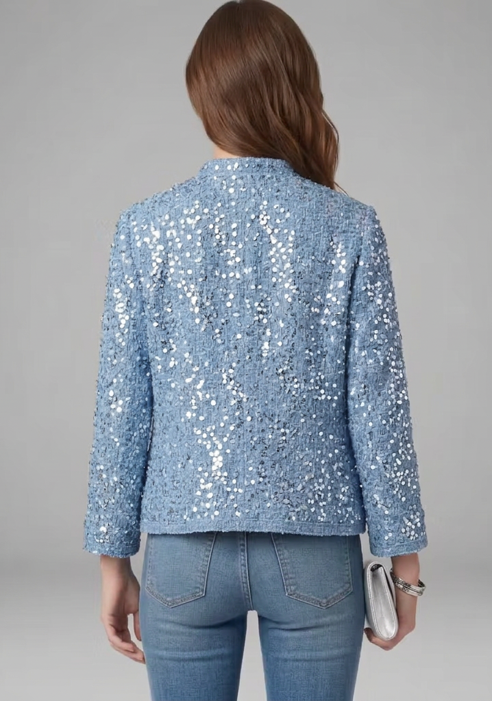 Women’s Gold Sequin Zip-Front Jacket with Stand Collar