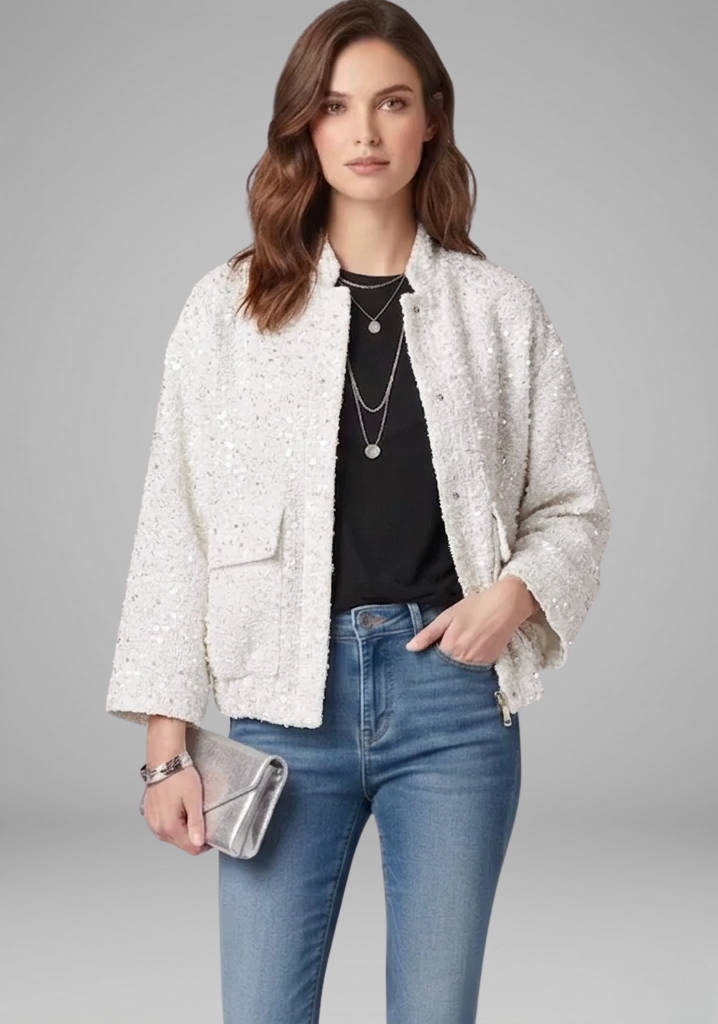 Women’s Gold Sequin Zip-Front Jacket with Stand Collar