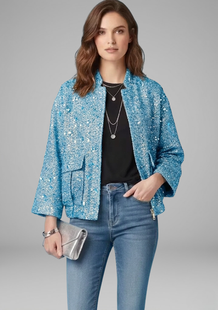 Women’s Gold Sequin Zip-Front Jacket with Stand Collar