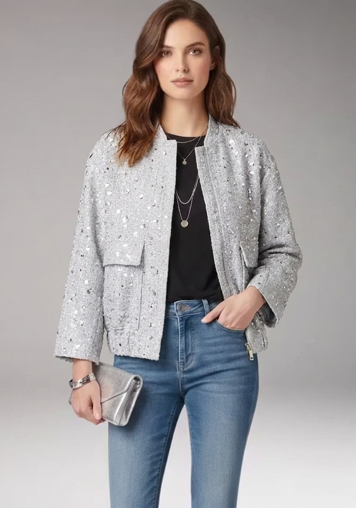 Women’s Gold Sequin Zip-Front Jacket with Stand Collar
