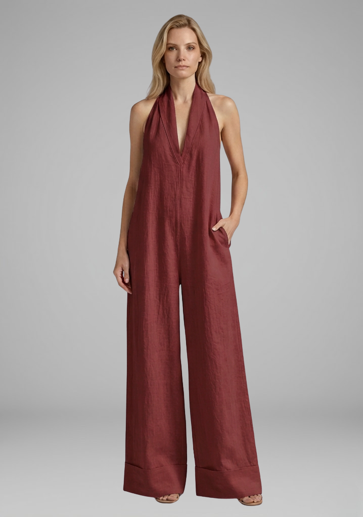 Women’s Halter-Neck Wide-Leg Jumpsuit with Deep V-Neckline