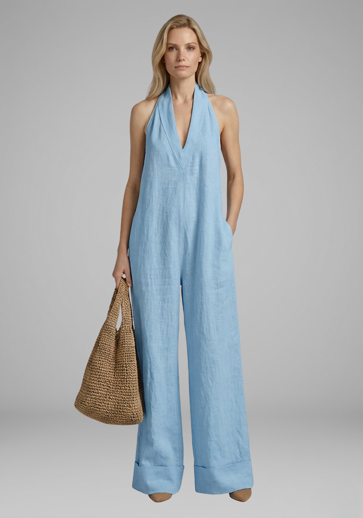 Women’s Halter-Neck Wide-Leg Jumpsuit with Deep V-Neckline
