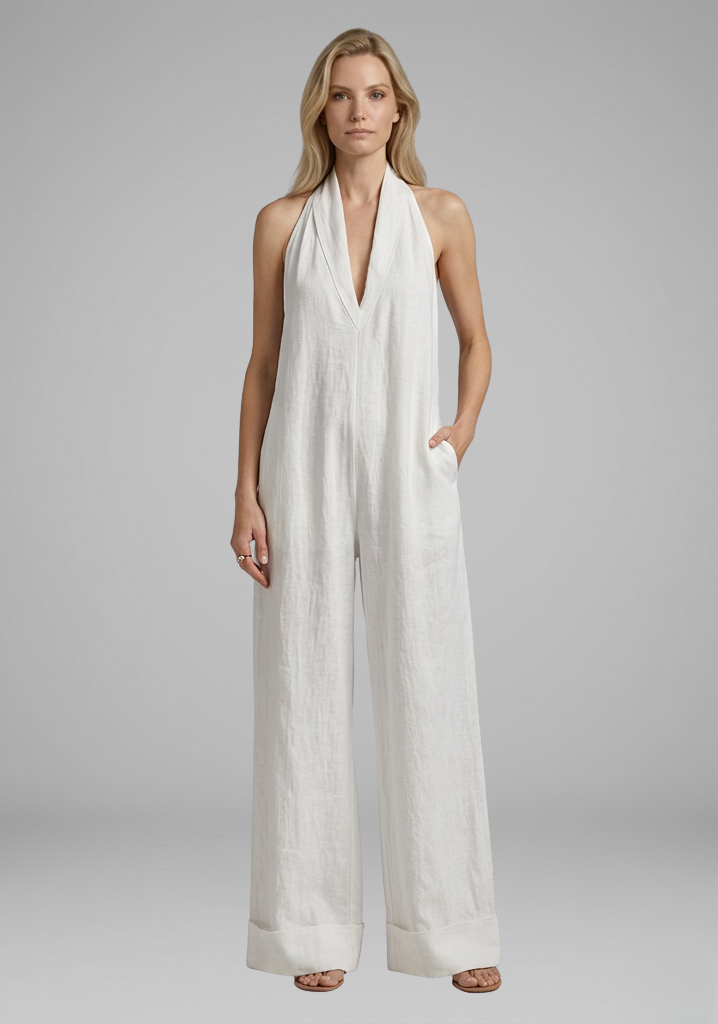 Women’s Halter-Neck Wide-Leg Jumpsuit with Deep V-Neckline