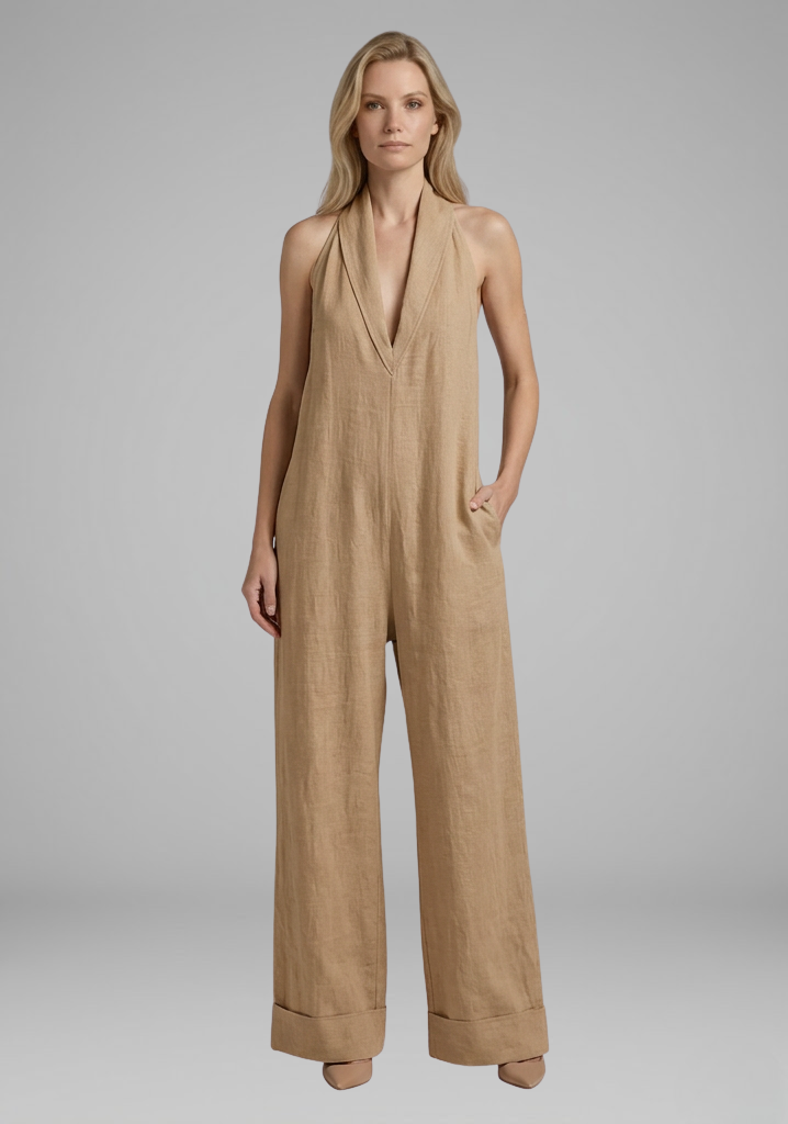 Women’s Halter-Neck Wide-Leg Jumpsuit with Deep V-Neckline