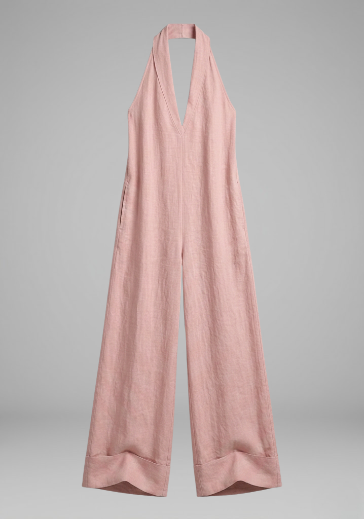 Women’s Halter-Neck Wide-Leg Jumpsuit with Deep V-Neckline