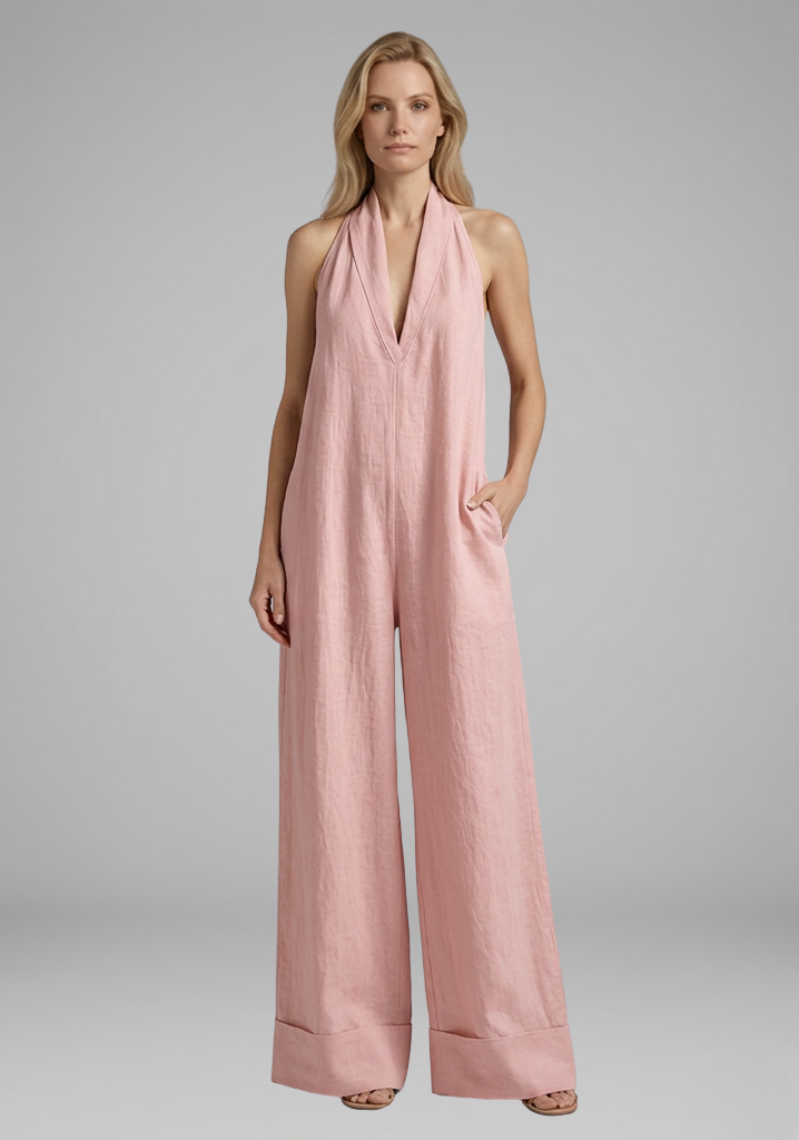 Women’s Halter-Neck Wide-Leg Jumpsuit with Deep V-Neckline