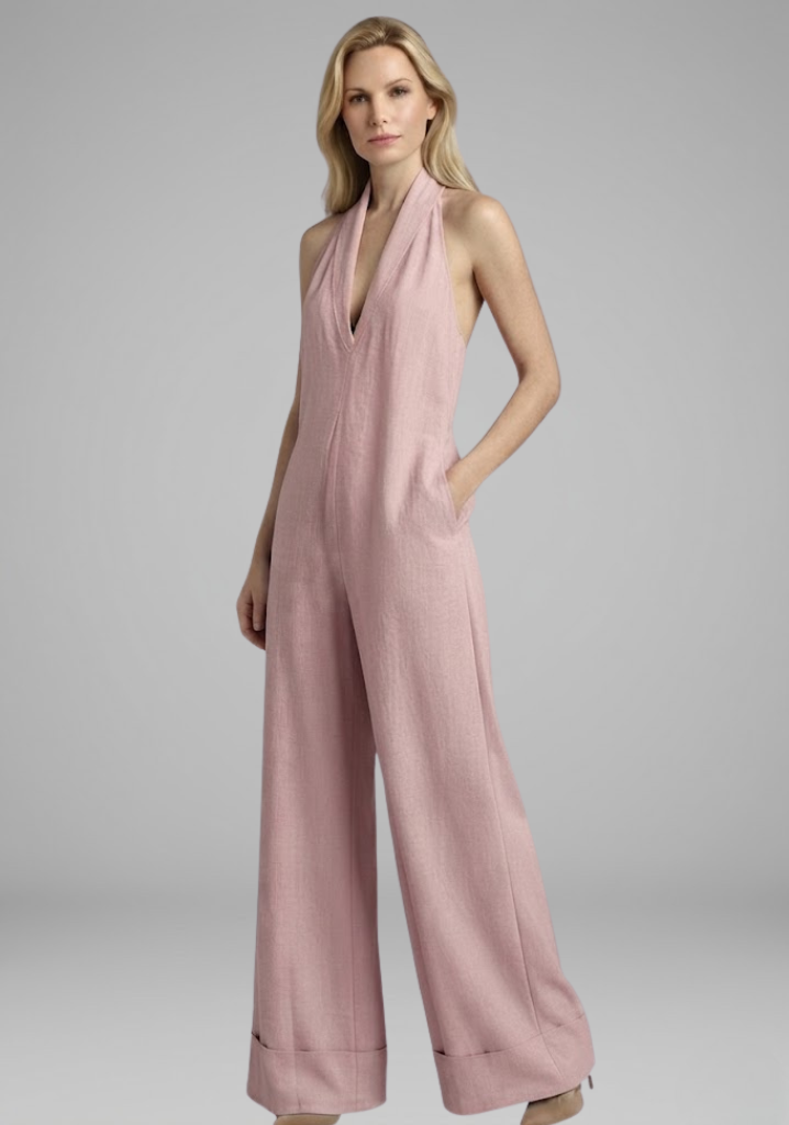 Women’s Halter-Neck Wide-Leg Jumpsuit with Deep V-Neckline