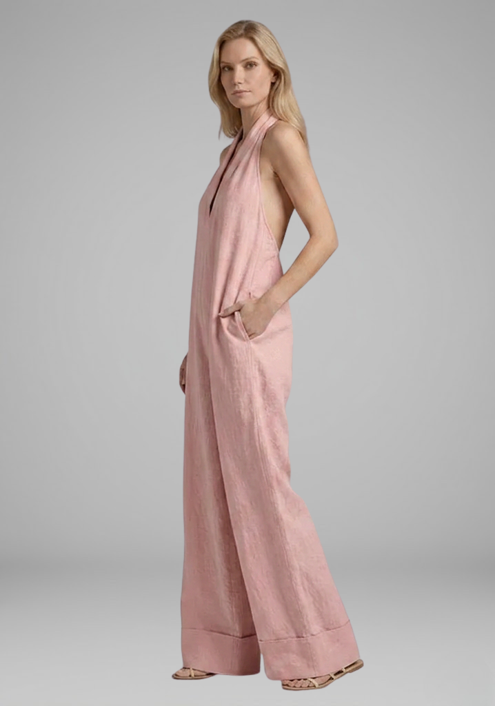 Women’s Halter-Neck Wide-Leg Jumpsuit with Deep V-Neckline