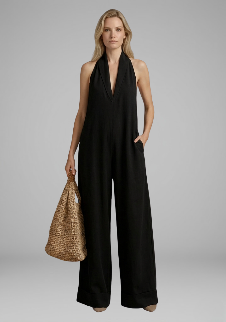Women’s Halter-Neck Wide-Leg Jumpsuit with Deep V-Neckline