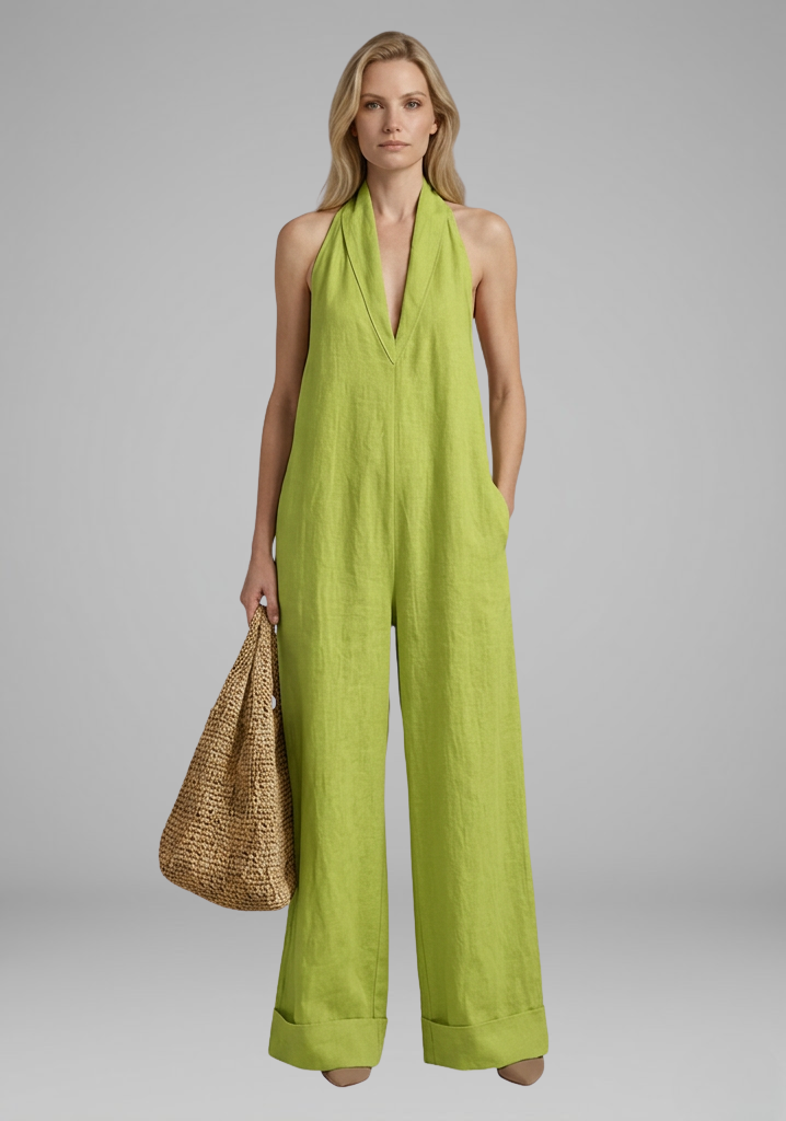 Women’s Halter-Neck Wide-Leg Jumpsuit with Deep V-Neckline