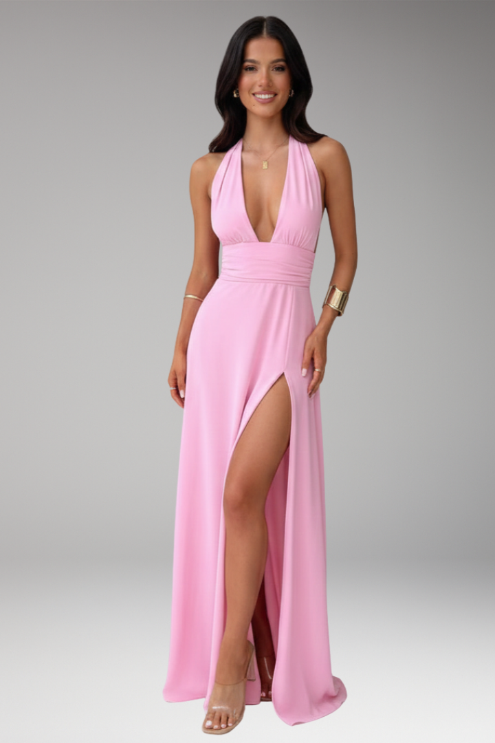 Women's Halter Neck Maxi Dress with Front Slit
