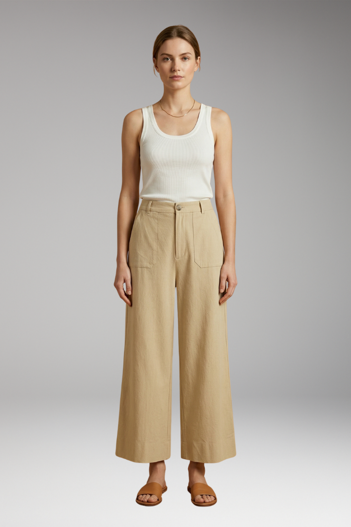 Women's High-Waisted Relaxed Trousers with Side Pockets and Zipper Fly