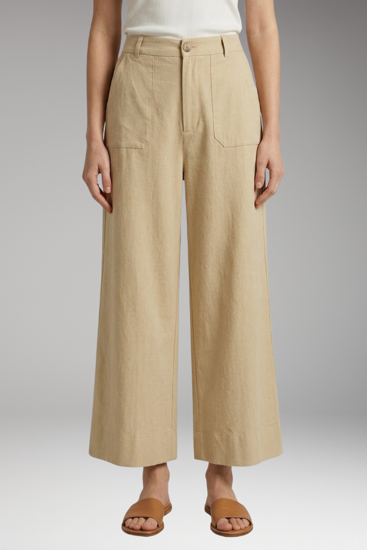 Women's High-Waisted Relaxed Trousers with Side Pockets and Zipper Fly