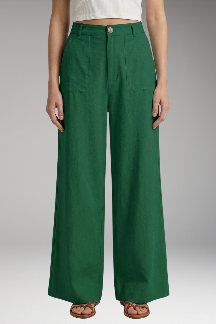 Women's High-Waisted Relaxed Trousers with Side Pockets and Zipper Fly
