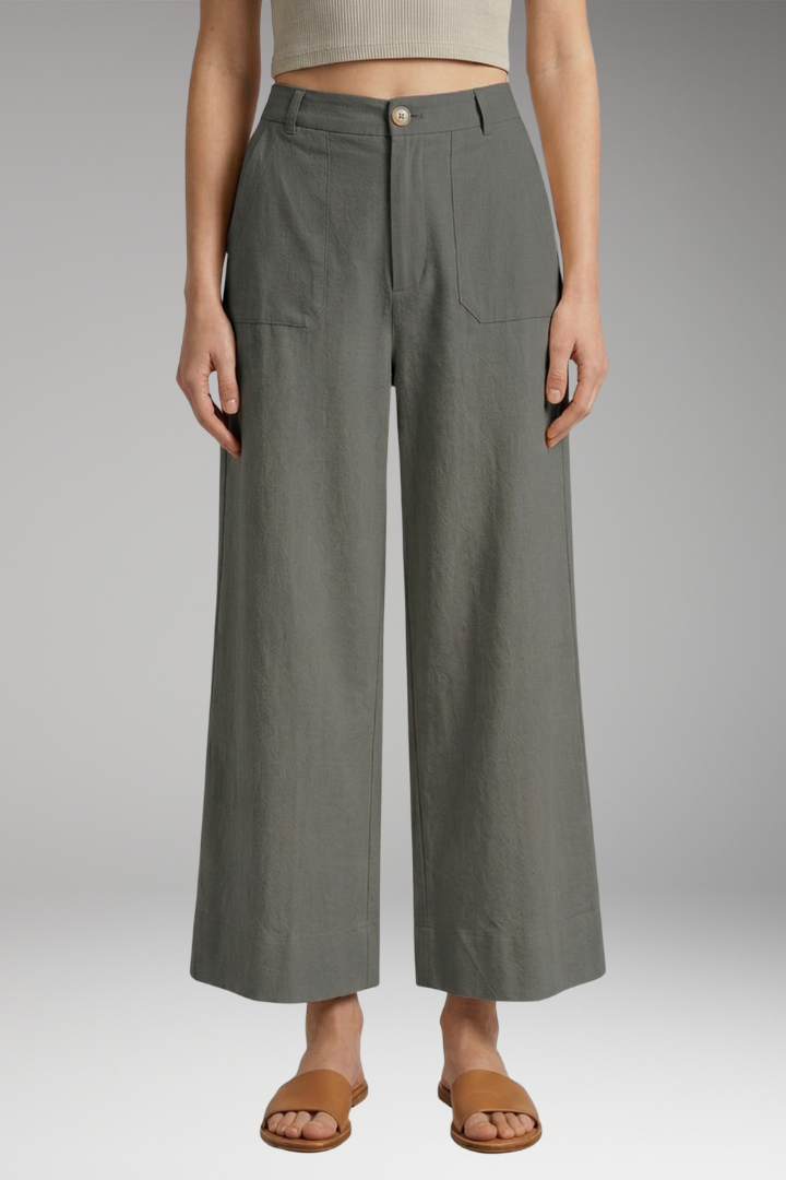 Women's High-Waisted Relaxed Trousers with Side Pockets and Zipper Fly