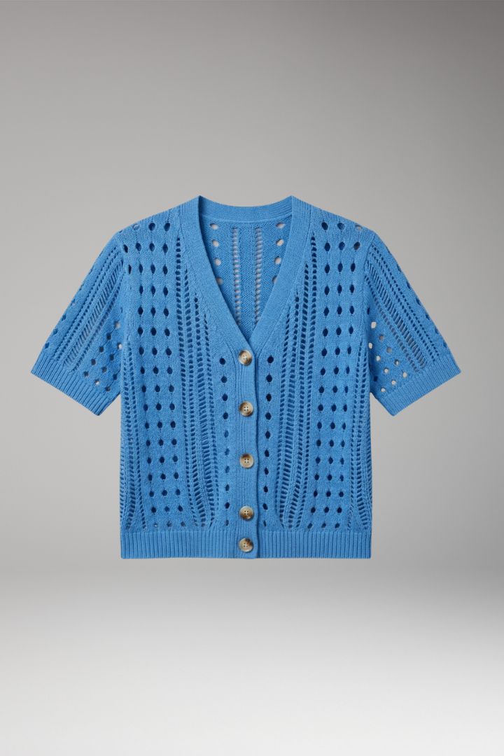 Women's Hollow Knit Cardigan with Elegant Neckline and Short Sleeves