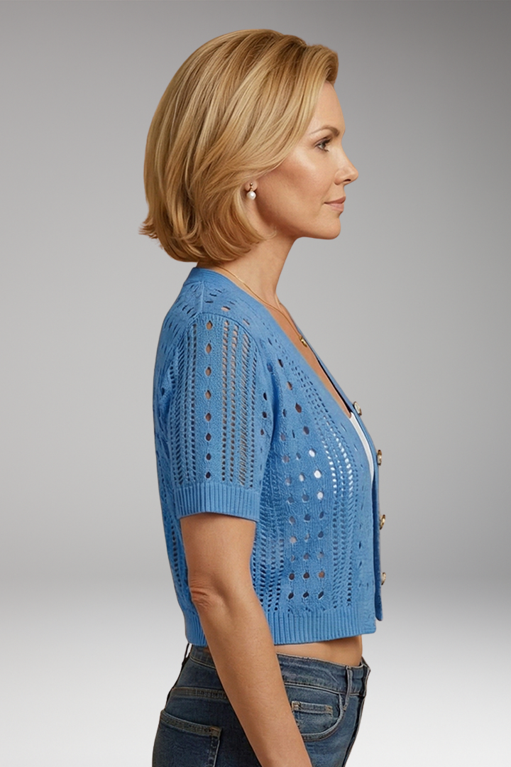 Women's Hollow Knit Cardigan with Elegant Neckline and Short Sleeves