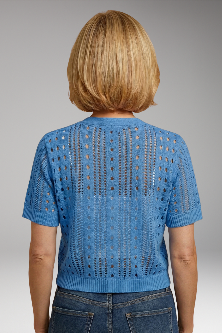 Women's Hollow Knit Cardigan with Elegant Neckline and Short Sleeves