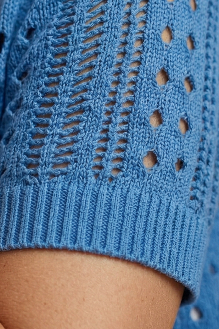 Women's Hollow Knit Cardigan with Elegant Neckline and Short Sleeves