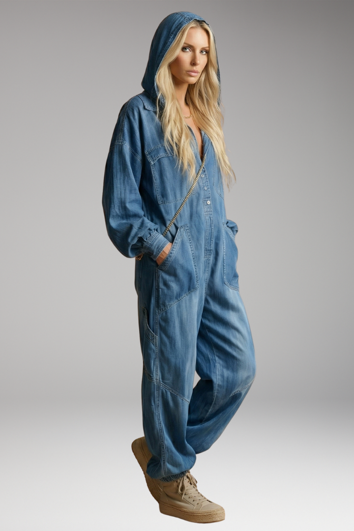 Women's Hooded Jumpsuit with Long Sleeves and Pockets