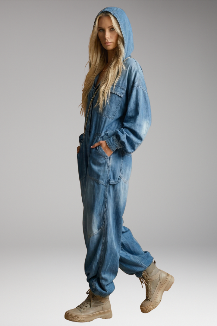 Women's Hooded Jumpsuit with Long Sleeves and Pockets