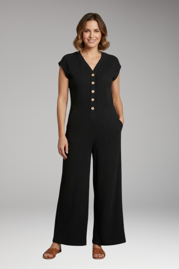 Women's Jumpsuit with Button Placket and Side Pockets