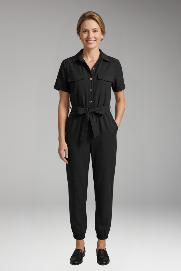 Women's Jumpsuit with Collar and Waist Tie