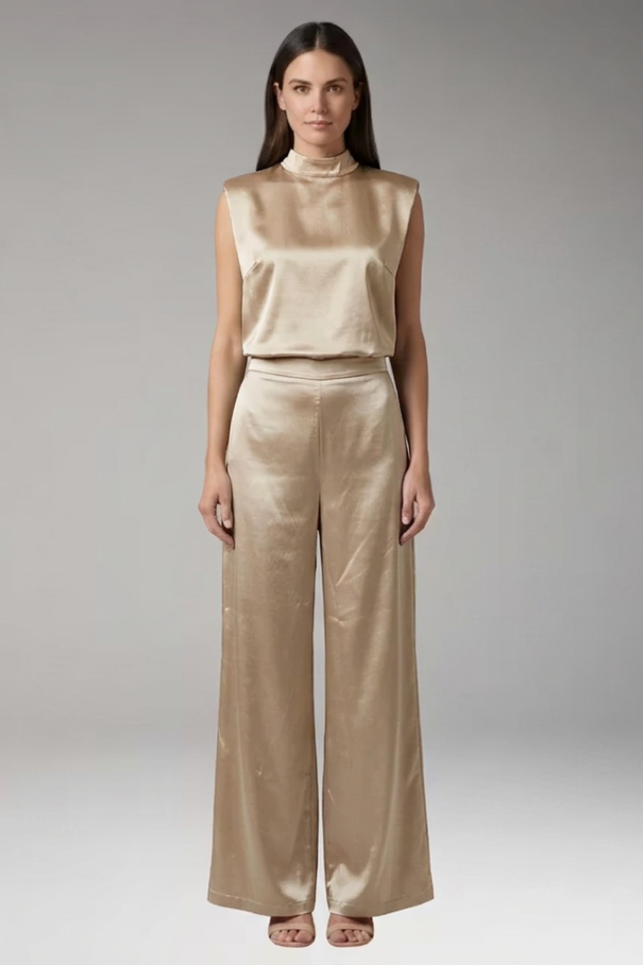 Women's Jumpsuit with High Collar and Wide Legs