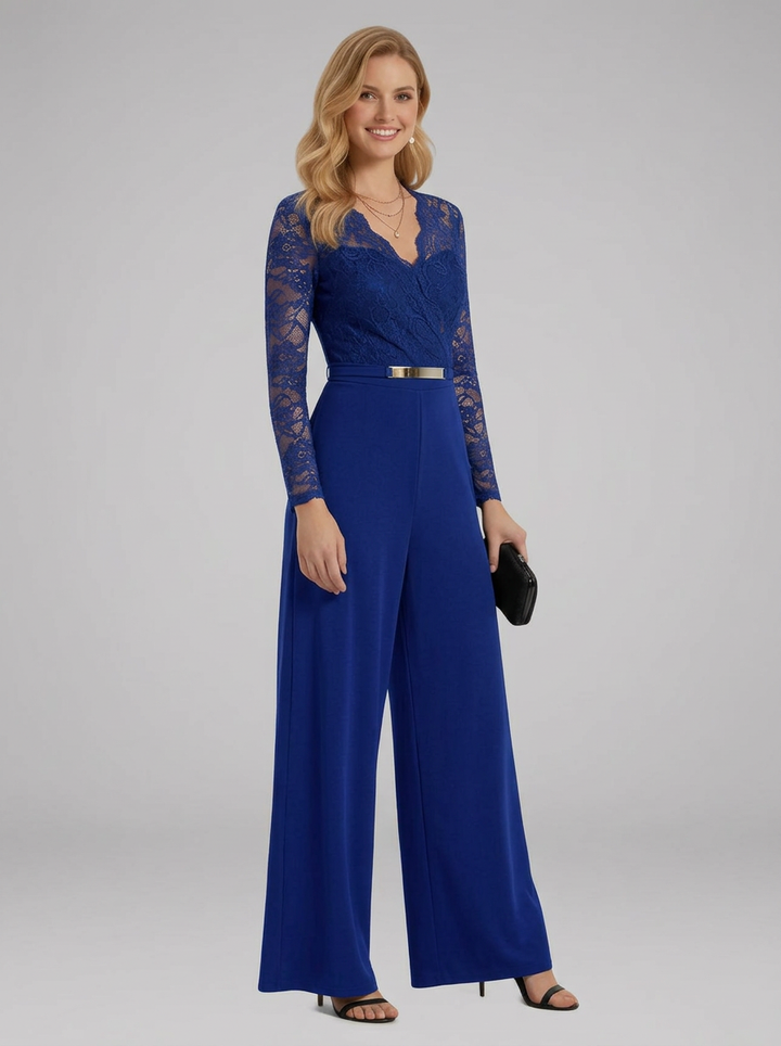 Women's Jumpsuit with Lace Sleeves and Wide Legs