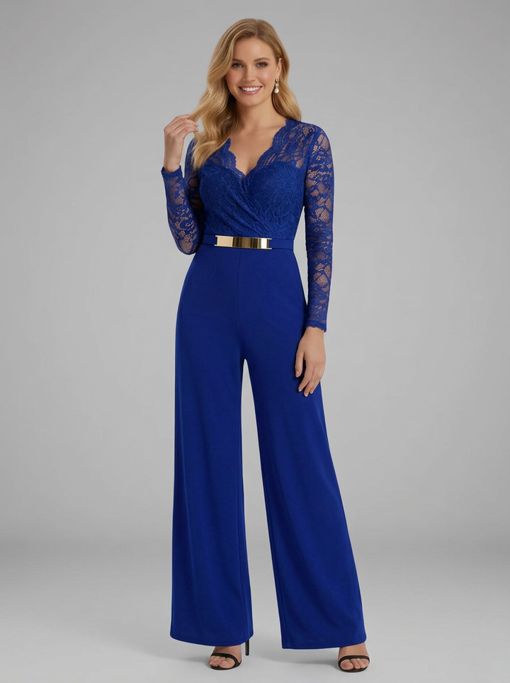 Women's Jumpsuit with Lace Sleeves and Wide Legs