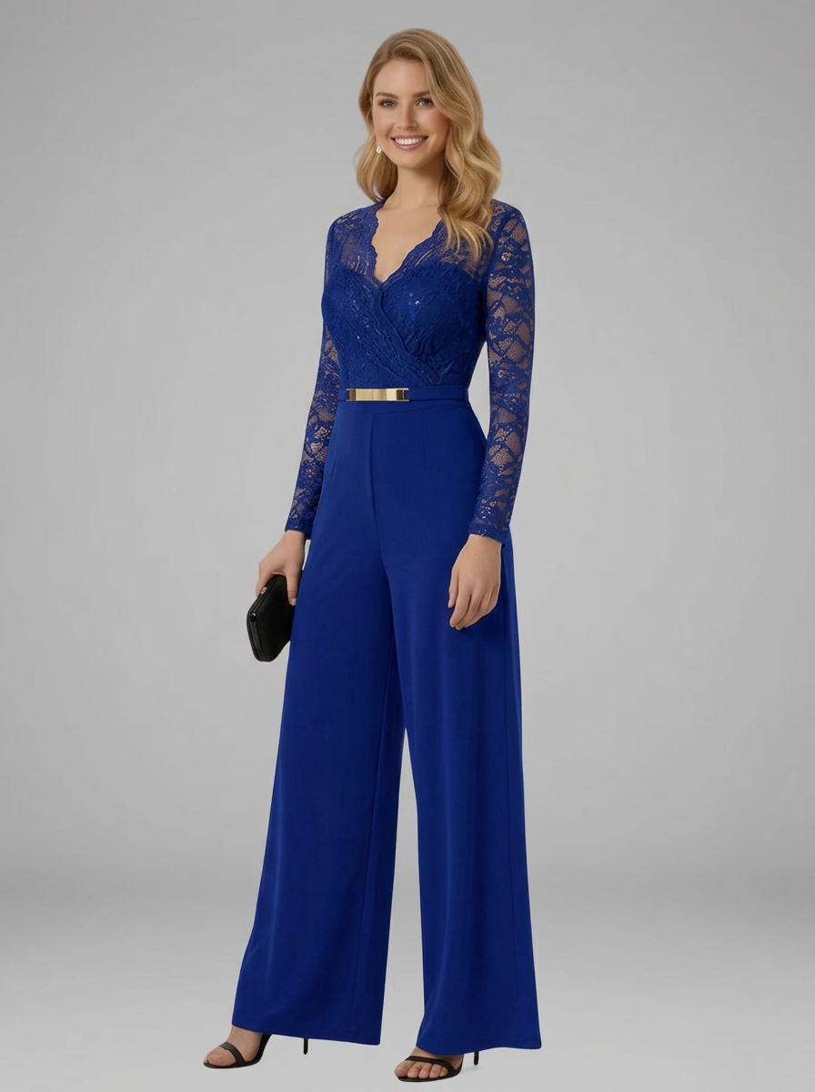 Women's Jumpsuit with Lace Sleeves and Wide Legs