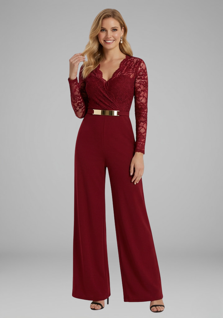 Women's Jumpsuit with Lace Sleeves and Wide Legs
