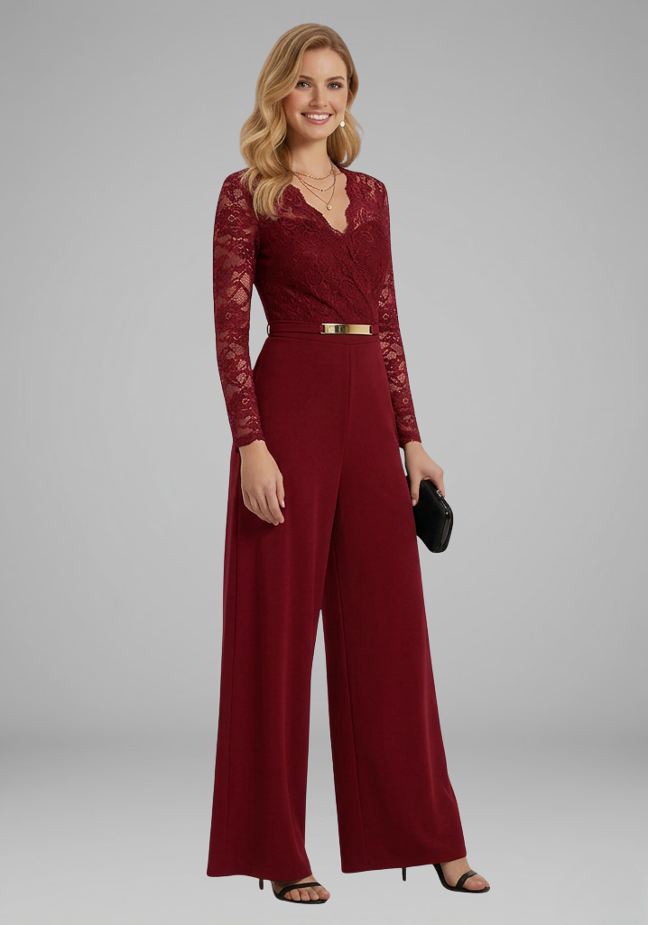 Women's Jumpsuit with Lace Sleeves and Wide Legs