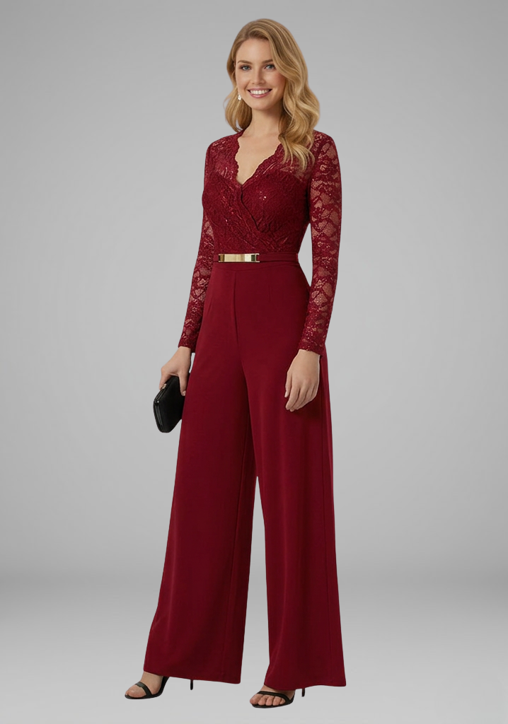 Women's Jumpsuit with Lace Sleeves and Wide Legs