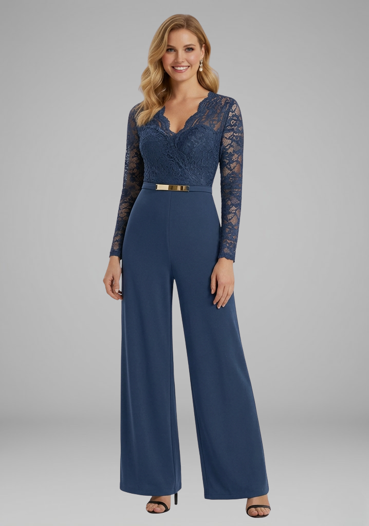 Women's Jumpsuit with Lace Sleeves and Wide Legs