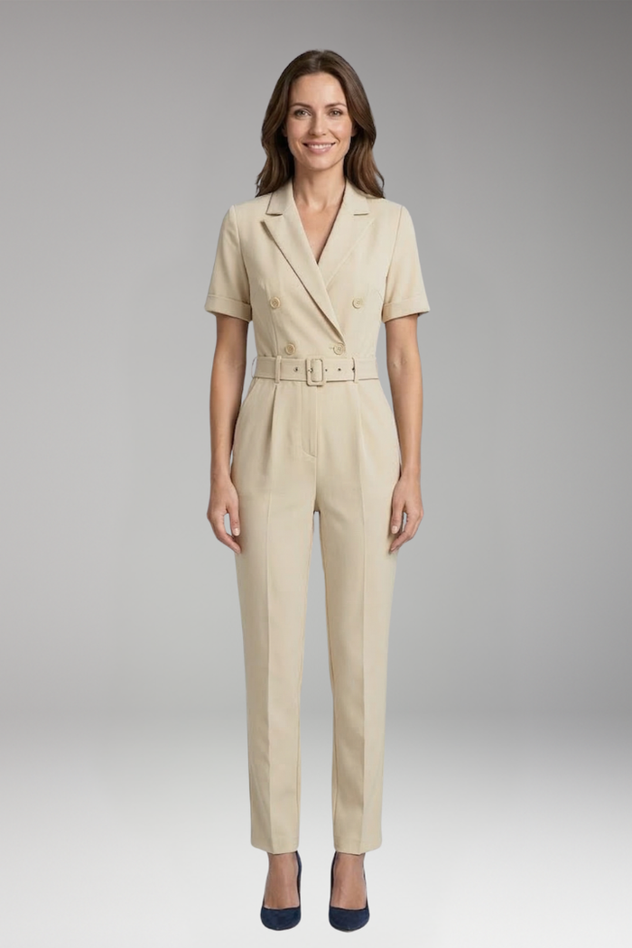 Women's Jumpsuit with Lapel Collar and Waist Belt