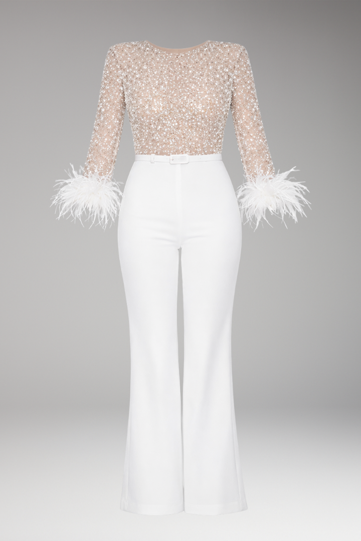 Women's Jumpsuit with Sequined Top and Feather Cuffs