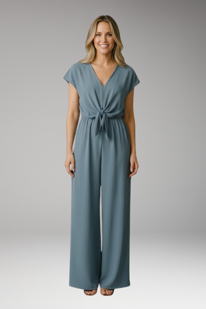 Women's Jumpsuit with Short Sleeve and Waist Tie