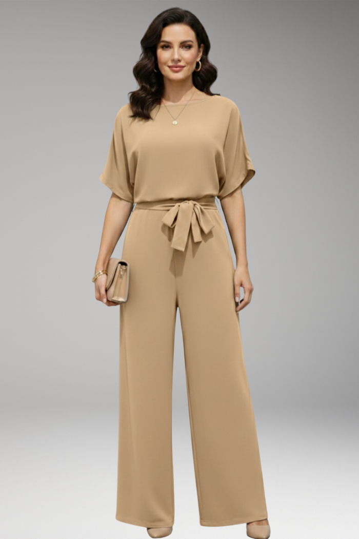 Women's Jumpsuit with Short Sleeves and Waist Tie